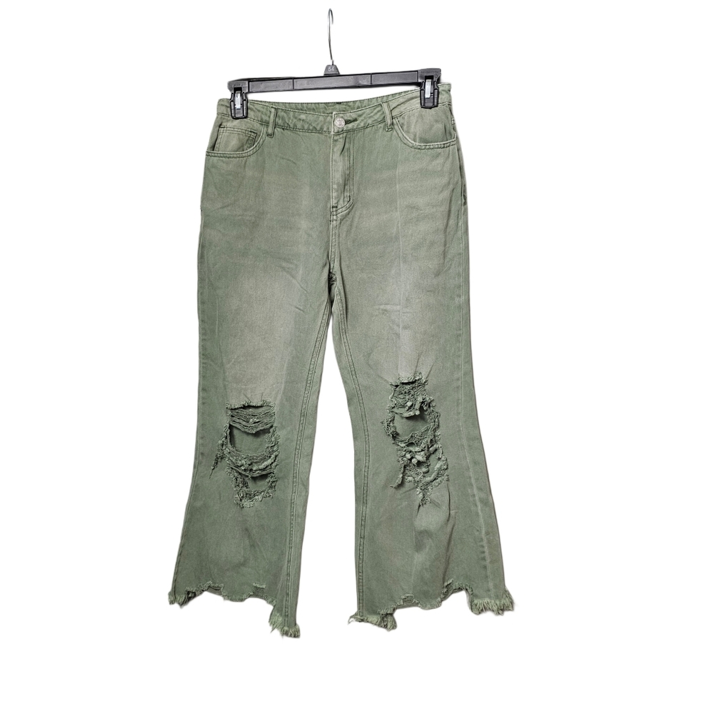 BiBi Women's Distressed Green Flare Jeans - Size 10